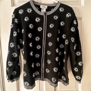 VTG Talbots Cardigan Sweater Daisy Embroidered Black White Cotton See Desription